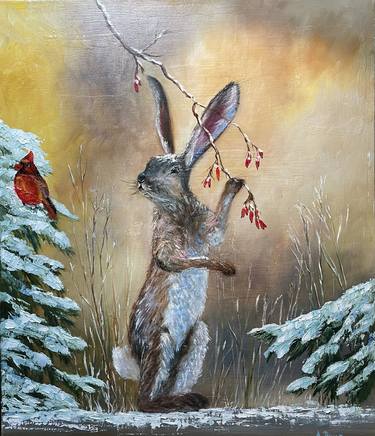 Rabbit and cardinal Winter scene Original painting in oil 20x24" thumb