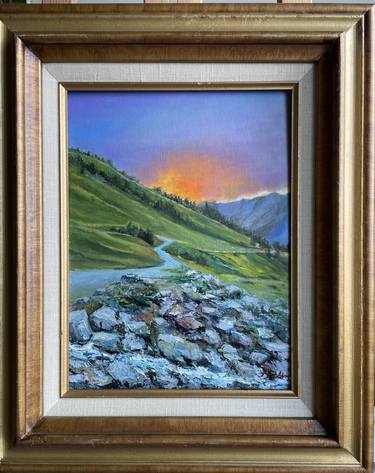 Swiss Landscape Sunset Mountains Original Painting Oil 9x12in thumb