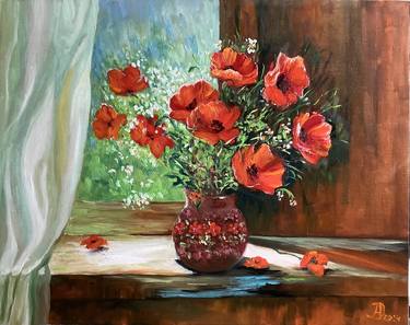 Poppies at Window Naturmort Original Painting Oil 20x16" Artwork thumb