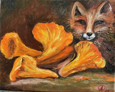 Chanterelles Foxes Naturmort Original Painting Oil 10x8" thumb