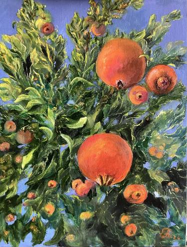 Mediterrain Garden Pomegranates Original Painting Oil 9x15" thumb