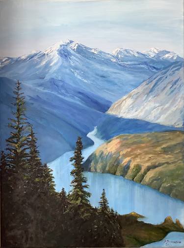 Mountains River. Painting in blue. Canadian artist.Fine Art. thumb
