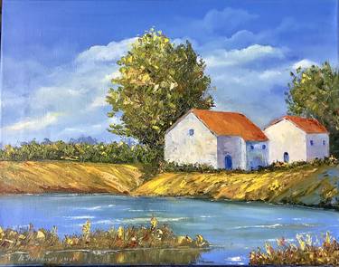 Original very vivid countryside painting in oil on canvas. Painting with house on a lake. thumb