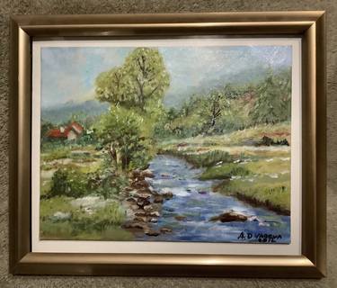 Spring in a village. Small painting in oil. Original art work. thumb