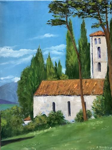St Maria Di Loppia, Italy, lake Como. Painting in impressionism in vivid bright colours. By mastihin (palette knife) and brushes thumb