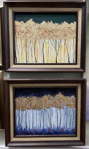 Original abstract paintings with sparkling gold potal, set of two. thumb