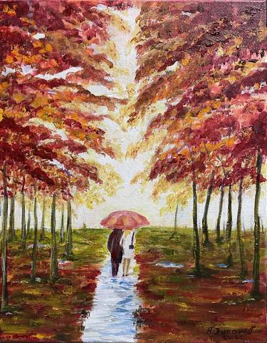 Original bright colors painting with Autumn and couple in park, artwork in acrylic. thumb