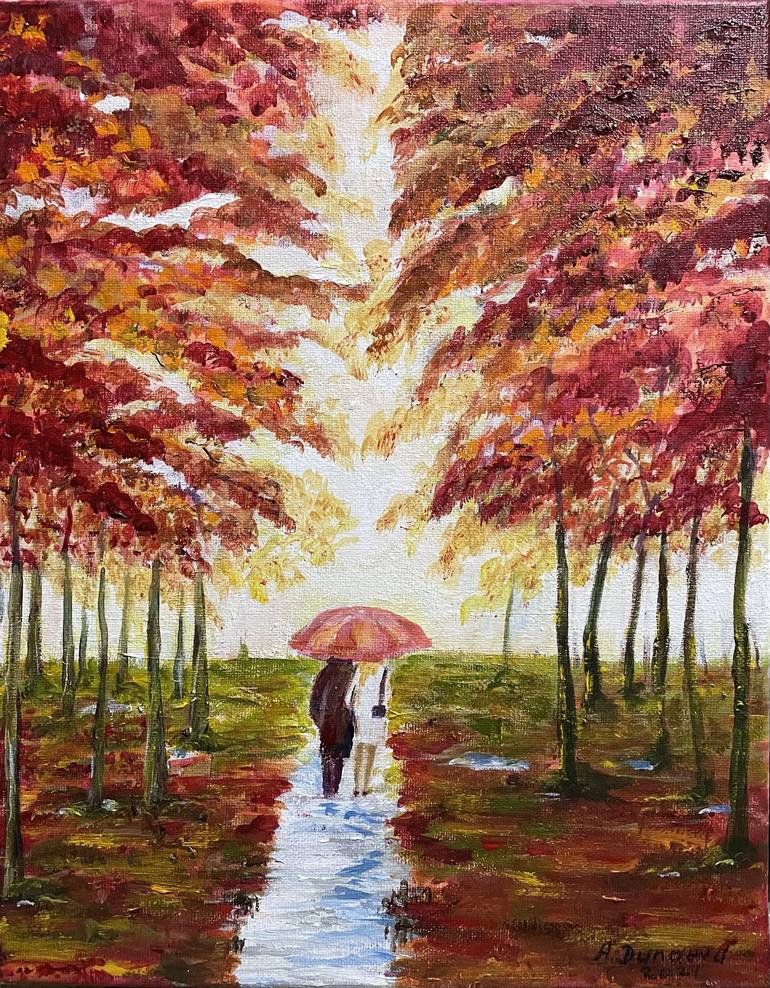 Art Street Couple in The Rain Art Print, Landscape Canvas Paint