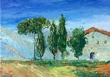 Original bright colours painting with house in mountains, oil, with painting knife thumb