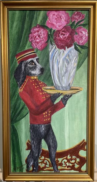 Original painting with a dog in acrylic. Funny art modern painting. thumb