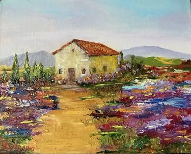 House in flowers fields, oil with sand media by mastehin in impasto technique thumb