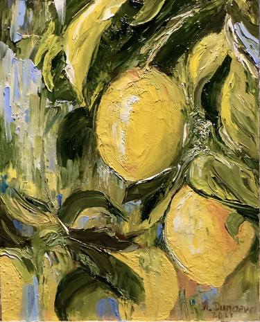 Original bright colours painting in art with Lemons on tree, with sand media by painting knife. thumb