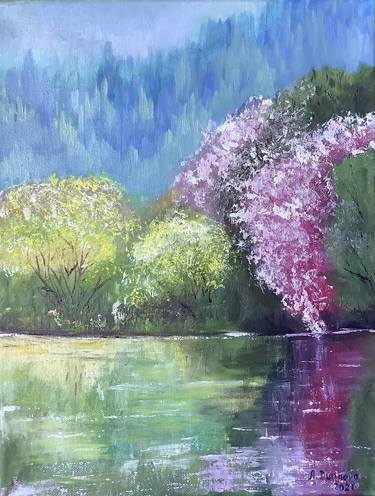 Spring came! Original bright colours painting in oil, North America landscape, 37x27cm, by Antonina Dunaeva thumb