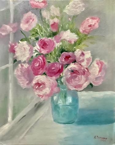 Pink roses in vase. Original bright colours painting in oil, 16x20", by Antonina Dunaeva thumb