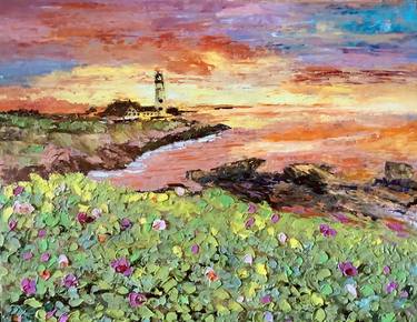 Portland Head Light Sunset Original painting in oil by palette knife 10x8" Cheap mid-size Original Art painting by Antonina Dunaeva-Come4Art thumb