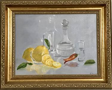 Naturmort in golden frame Glass with Lemon and Pepper Original Painting Still Life 10x14" by Antonina Dunaeva-Come4Art thumb
