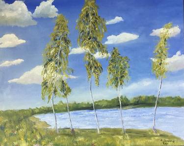 Landscape with birch trees Original Painting in Oil Original Art 20x16" by Antonina Dunaeva-Come4Art thumb