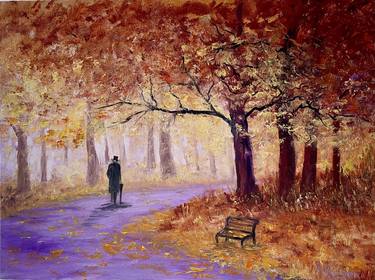 The Autumn Park Original Painting in oil by Knife and a Brush on CanvasBoard Colourful Fall 16x12" Artwork by Antonina Dunaeva-Come4Art thumb