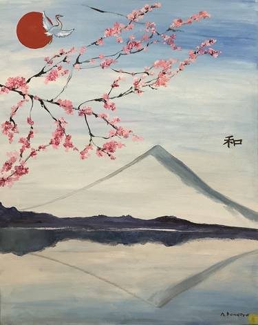 Fuji and Sakura Original Painting in Oil 16x20" Wall Artwork by Antonina Dunaeva-Come4Art thumb