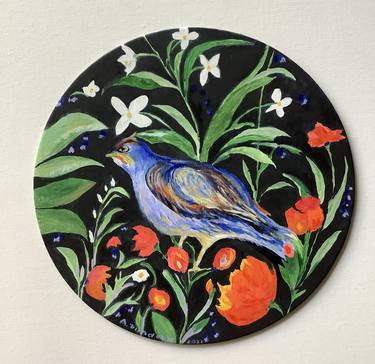 The Bird of Beaune Original Painting in Acrylic on a round canvas board in Bright Colours 12x12" Artwork Decor for a Gift by Antonina Dunaeva-Come4Art thumb