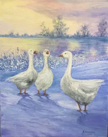 Winter Geese Original Painting in Oil Gallery canvas Birds in arts Canadian artwork by Antonina Dunaeva-Come4ART thumb