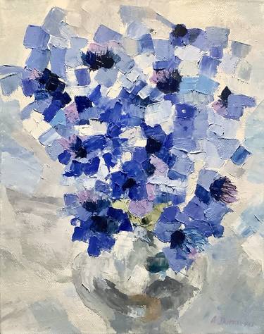 Blue Flowers Abstract Original Painting Oil 11x14" Impasto Gallery Canvas Bouquet Wall Artwork Decor by Antonina Dunaeva-Come4ART thumb