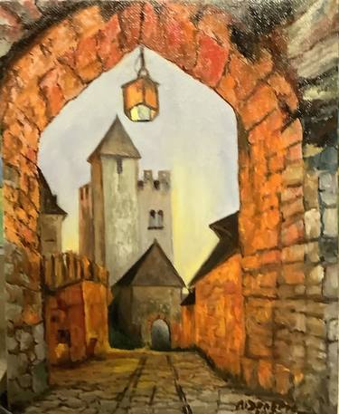 Old Medieval Town Original painting in Oil 8x10inc Halloween Gift thumb