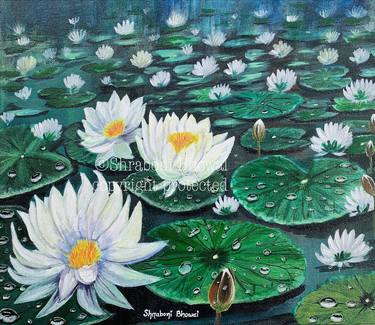 Nature painting Pond painting, White Lily, Lotus Wall Art, Landscape Wall Art, water Lily ,Lotus Painting, Flower Wall Art thumb