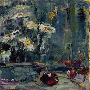 Still life. Miniature for home. White daisies and red cherries thumb
