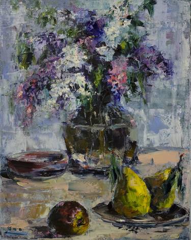 Still life for home. Lilac in a vase. Summer fruits. Glass. Cozy place. thumb
