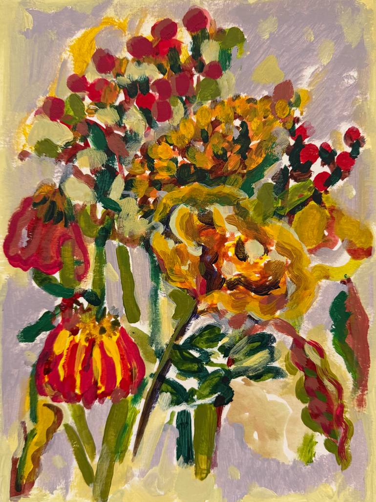 Original Floral Painting by Yuza Yu | Figurative Art on Paper | Yellow and Red Flowers on a soft purple Background