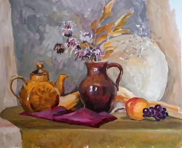 Still life with a bouquet of asters, a ceramic teapot and fruit thumb