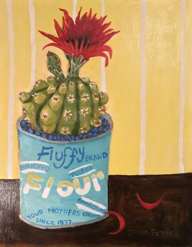 Flowering Cactus in Antique Flour Can thumb