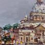 Evening landscape painting of St. Angelo Bridge and Basilica of St. Peter in Rome, Italy.
Painted with brushes and palette knife on canvas.
This work is unique, this is not a print or other type of copy.
Signed on the front side and accompanied by a Certificate of Authenticity.