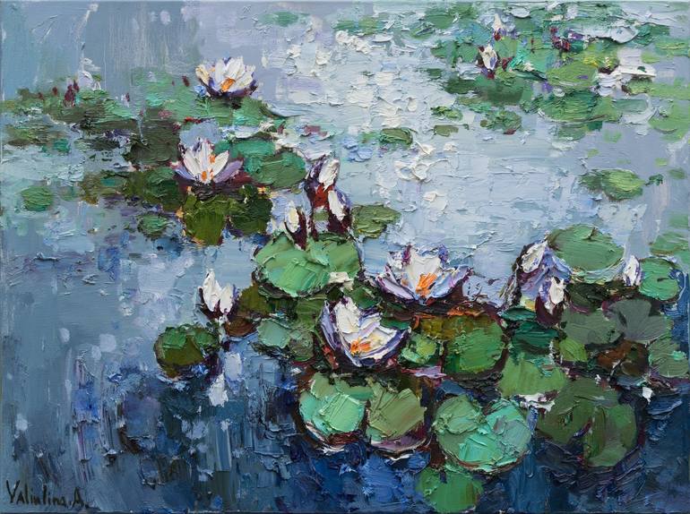 White Water Lilies in pond Painting by Anastasiia Valiulina | Saatchi Art