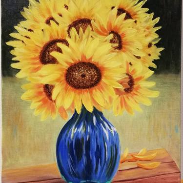 Sunflowers on blue vase/ Oil painting/ digital download print thumb