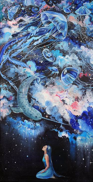 Space Oil Painting Whale and Jellyfish Canvas Fantasy Artwork 24 by 12" thumb