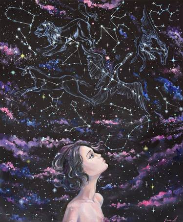 Constellations and night sky oil painting on canvas thumb