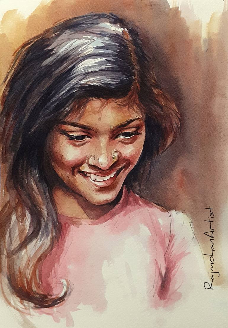 Happy Girl Painting by Rajmohan Ramamoorthy | Saatchi Art