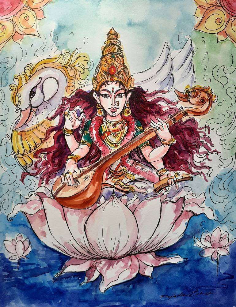 Goddess Saraswati Painting By Rajmohan Ramamoorthy | Saatchi Art