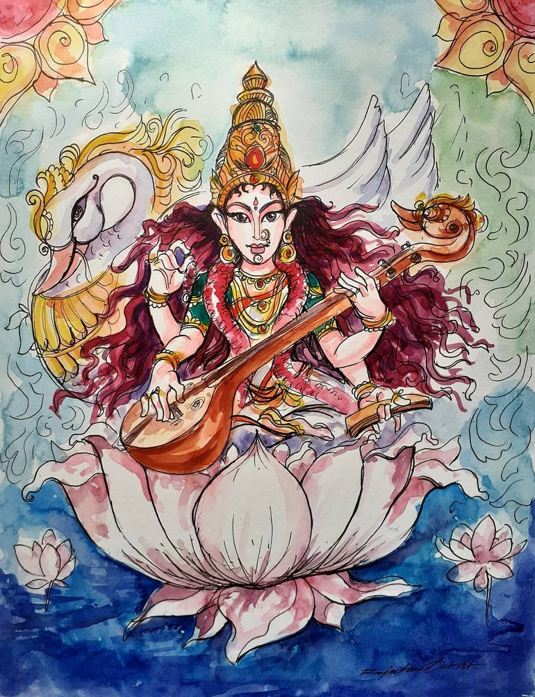Goddess Saraswati Painting by Rajmohan Ramamoorthy | Saatchi Art