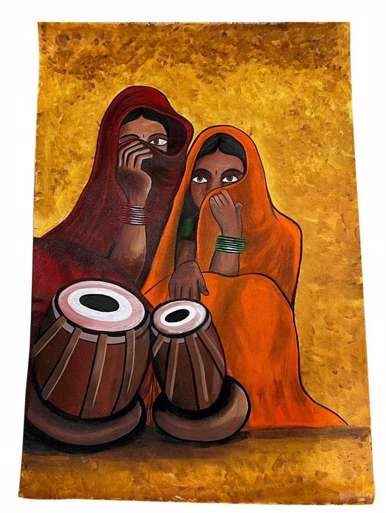 Indian Village Women with Musical Instrument Folk art Painting by ...
