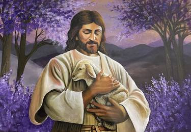 Jesus lovingly holding a lamb with landscape background thumb