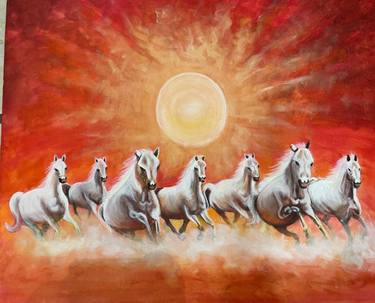 Lucky east wall painting- 7 running majestic horses thumb