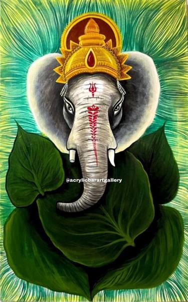 Green lucky ganesha - home and office entrance painting- lucky vastu and feng shui work thumb