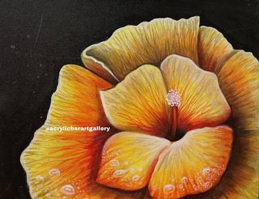yellow hibiscus flower study, dew drops , dawn time floral painting thumb