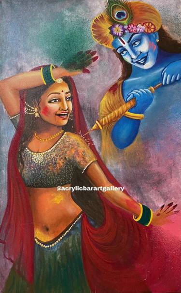 Radha krishna playing holi - vibrant colorful painting thumb
