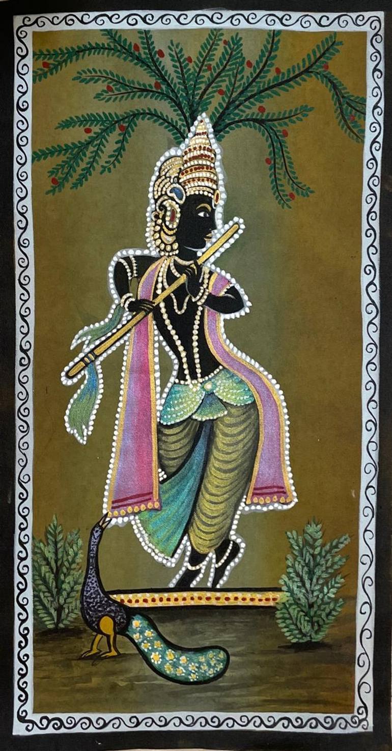 Krishna playing golden flute- pichwai painting Painting by ...