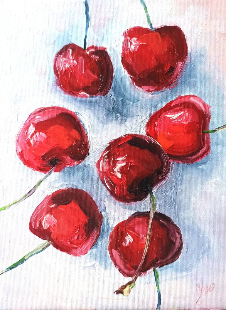 Two Cherry Painting Oil Original Food Art Impasto Red Berry Cherries Fruit Still Life Canvas Kitchen Decor Cherry Wall Art 6x6 art by ArtVAV