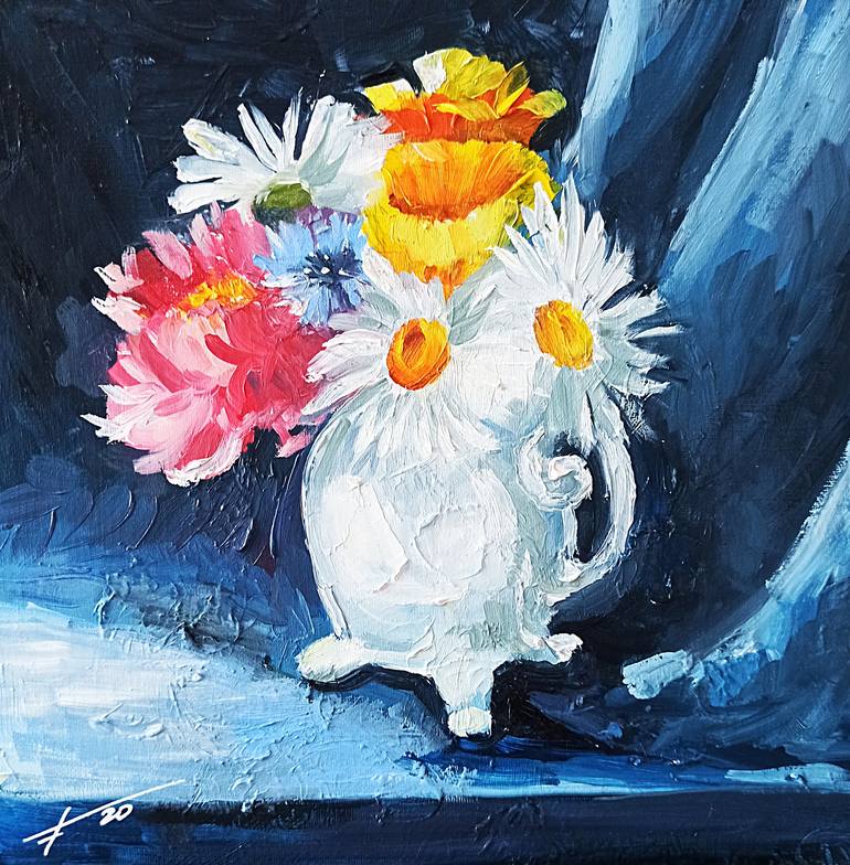Gallery Wall Art Still Life Original Oil Art Painting on Canvas Floral Painting Daisy Painting